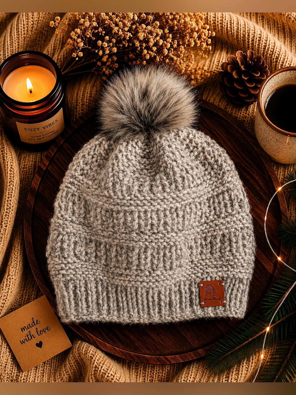 Cozy Knit Pom Beanie in Light Gray chiné